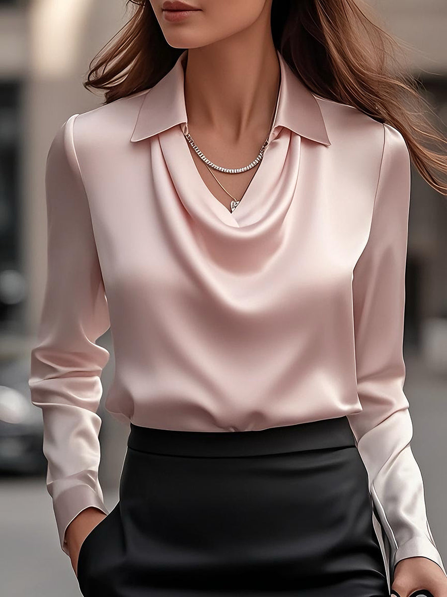 Heather | Elegant Satin Blouse with Draped Neckline