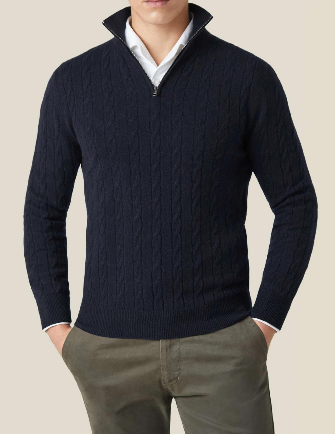 Zipped Sweater - Textured Cable Knit and Adjustable Warmth