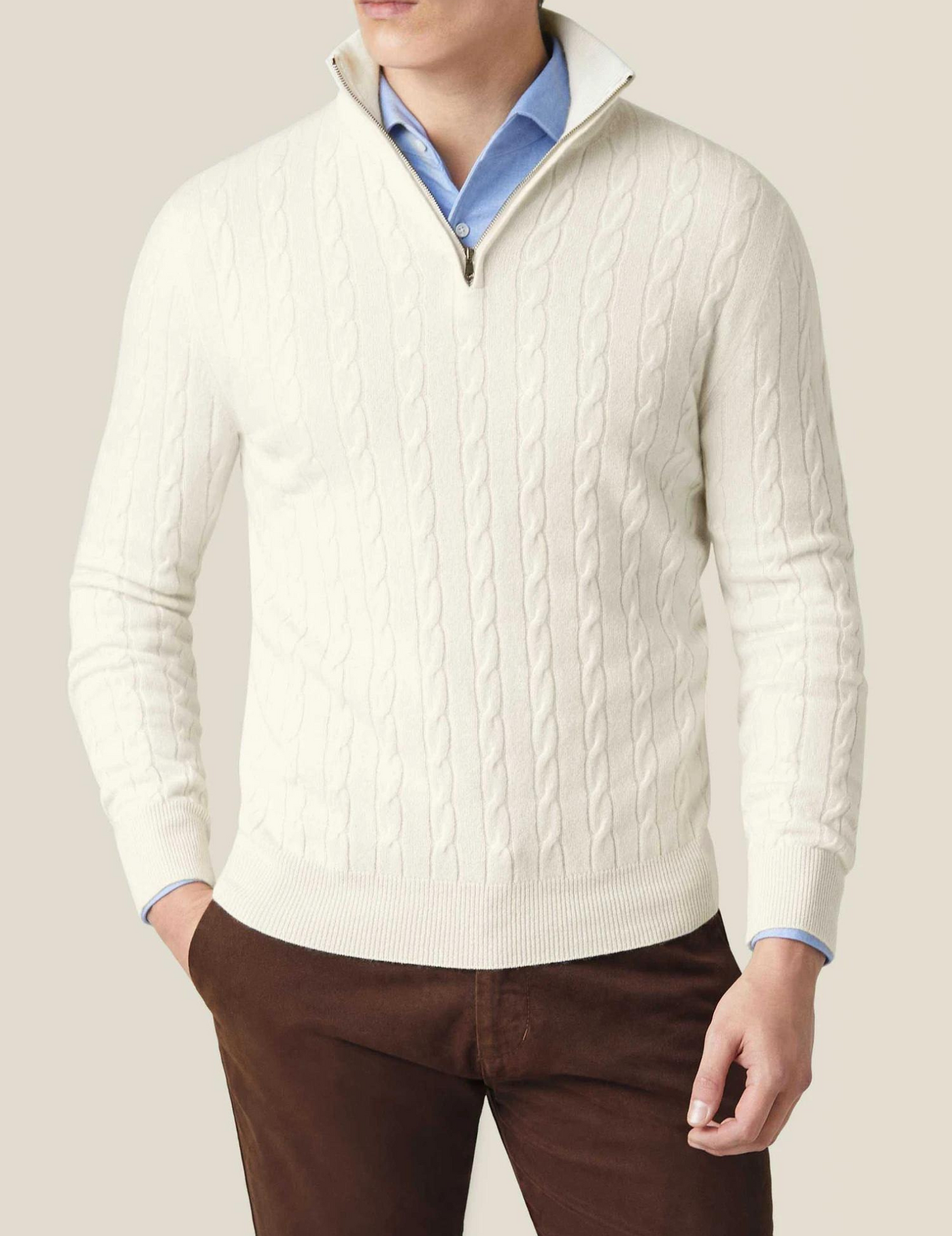 Zipped Sweater - Textured Cable Knit and Adjustable Warmth